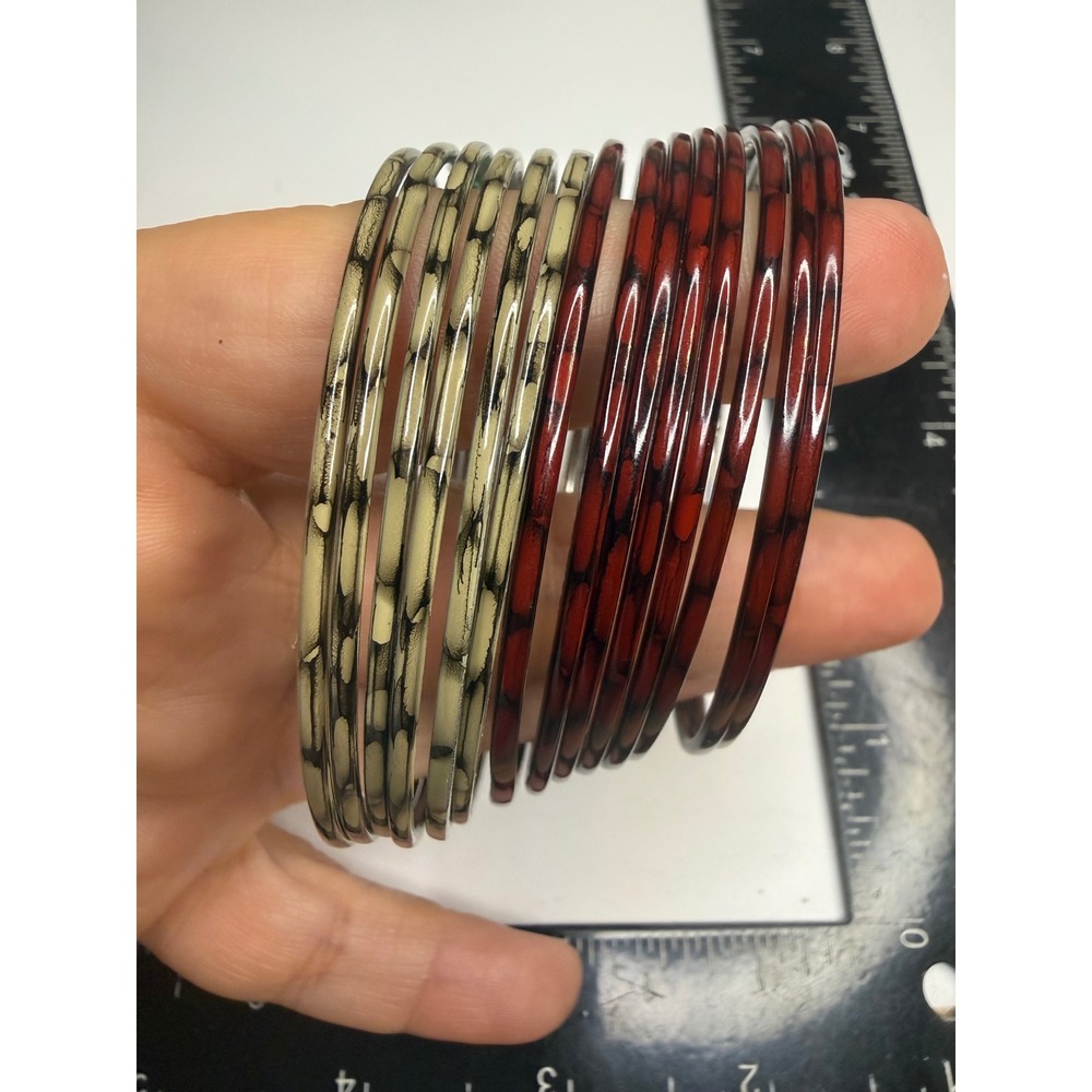 Set of 12 Metal Stacking Bangles Burgundy Red Olive Green Mottled Finish 2.5in